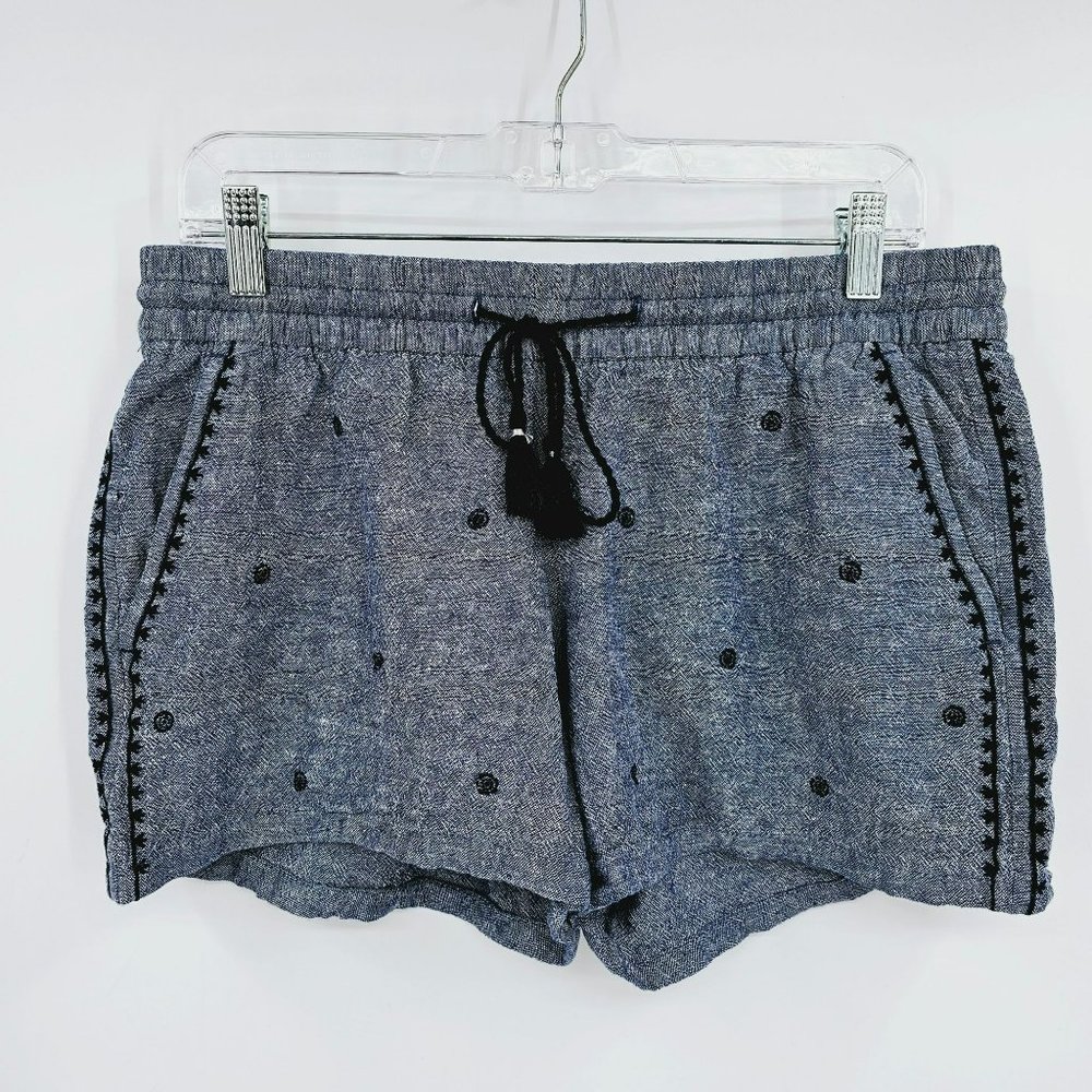 Old Navy Chambray Soft Shorts M Blue Embroidered Slash Pocket Elastic Tie Waist